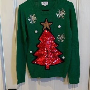 Festive Green Christmas Sweater with Sequin Tree